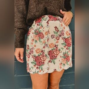 So Me Mini tapestry-style Floral Buttoned Front Scalloped Trim Skirt Boutique